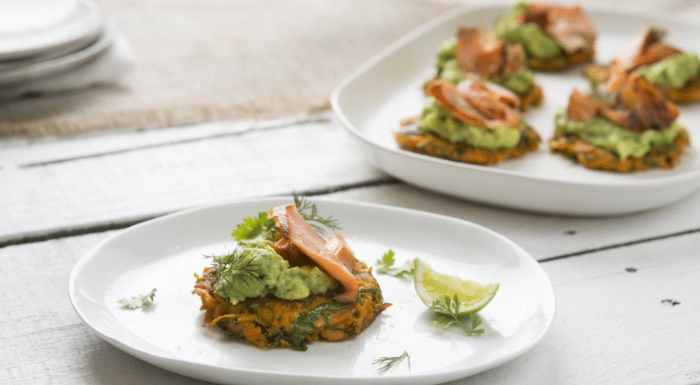 Featured image for “Maggie Beer’s sweet potato fritters with smashed avocado and salmon”