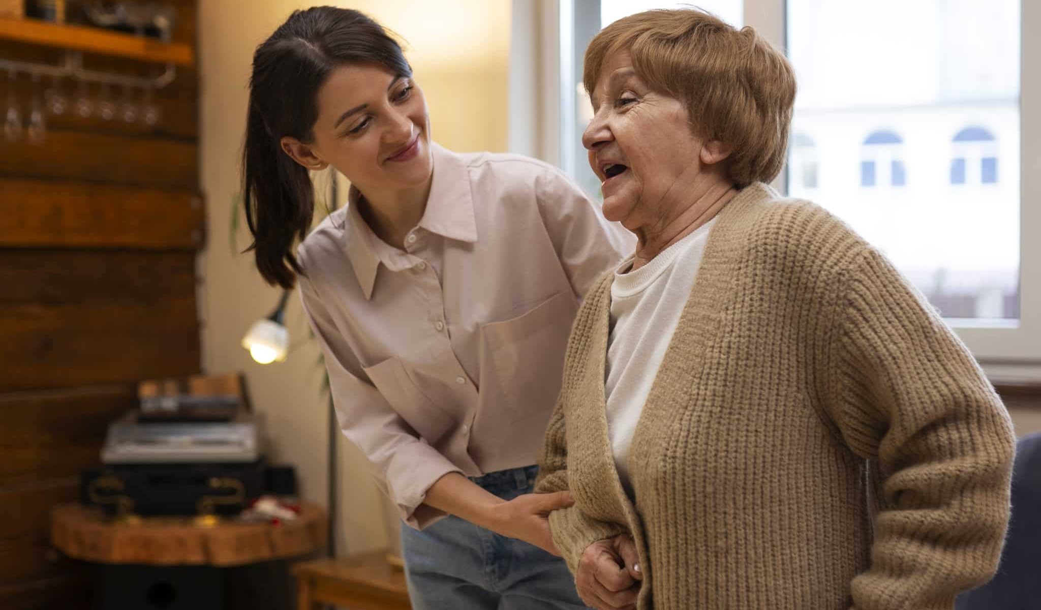 female caretaker her client s house taking care elderly person